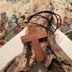 Simple Handcrafted Natural Wooden Cross Necklace 24”